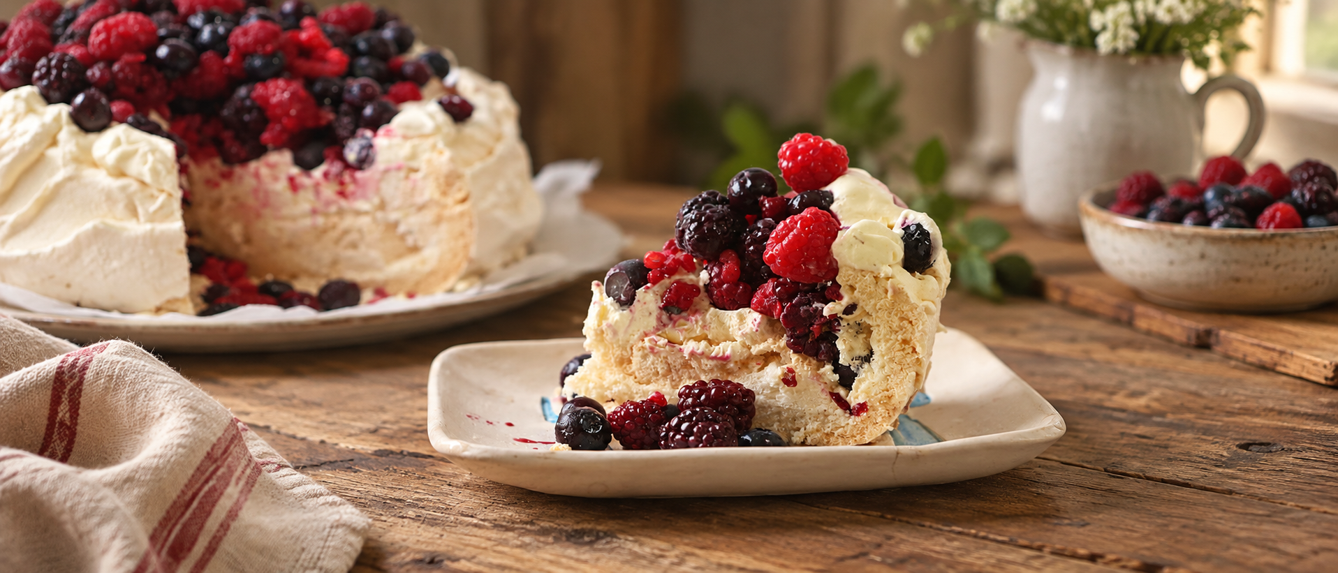 Pavlova artesanal con crema y frutos rojos, junto a una porción servida